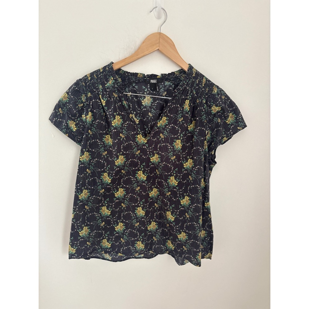 Paige Womens Floral V-Neck Blouse Navy Yellow‎ Smocked Short Sleeve Top Large